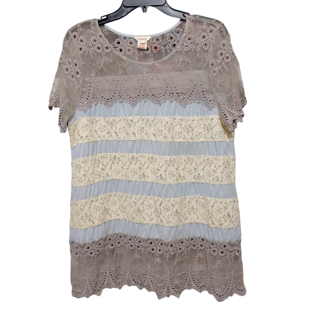 Sundance Blue Gray Striped Lace Short Sleeve Tunic Top Women's Size Large